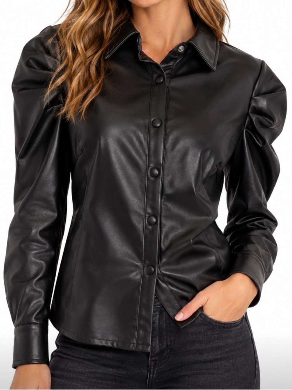 7 For All Mankind Black Faux Leather Snap Front Shirt Jacket Shacket Small S